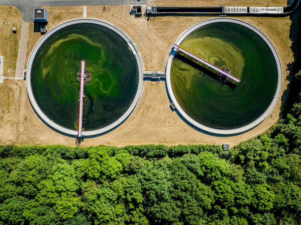 A drone photo of a water treatment plant