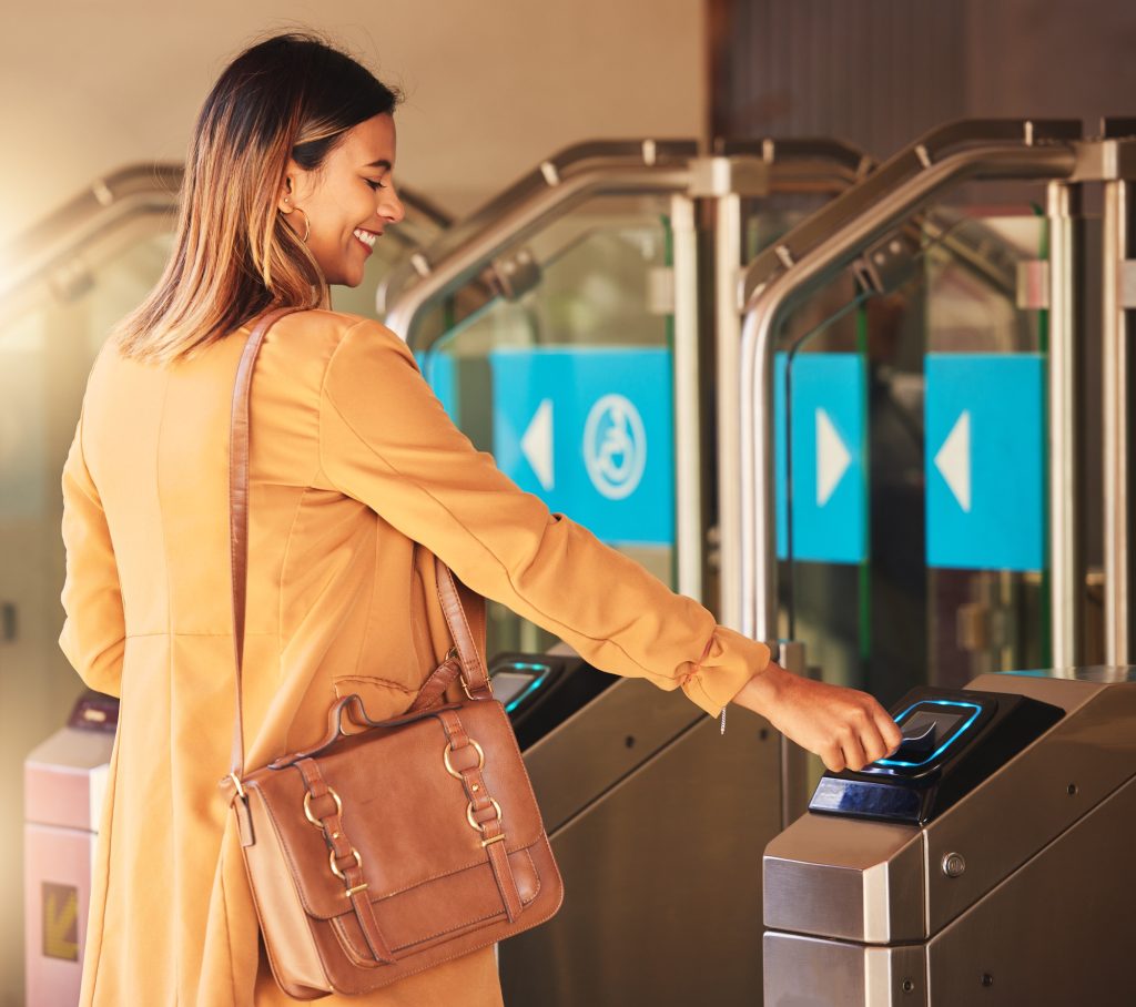 Access control, happy business woman and card for security with safety software for identification