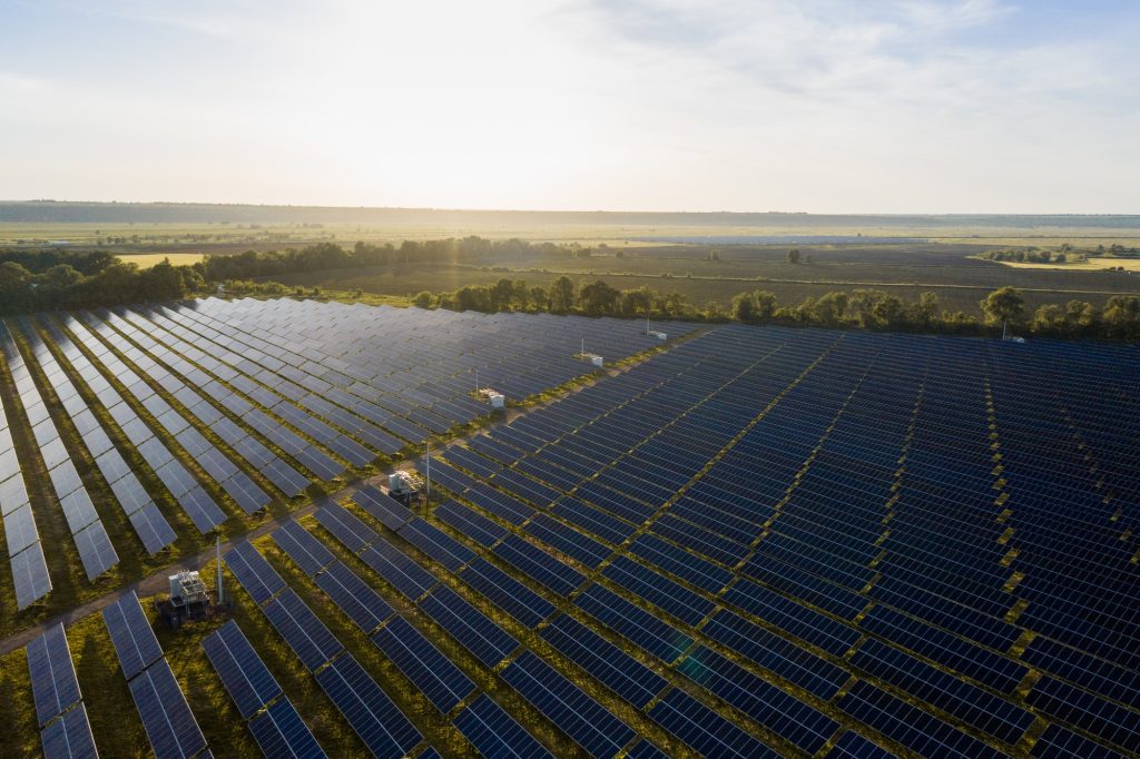 Aerial top view of a solar panels power plant