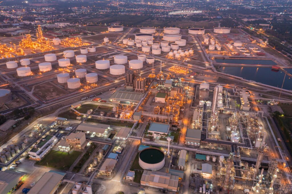Aerial view of petrochemical oil refinery and sea in industrial engineering concept in Bangna