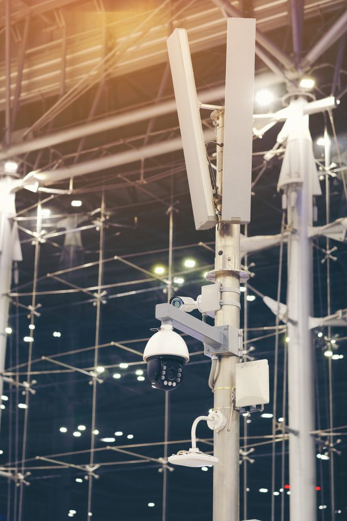 CCTV security cameras and loudspeakers against and wifi antenna system indoor