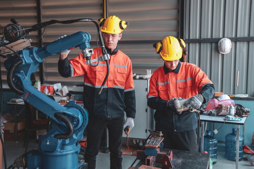 Industrial Team Working on Robotic Arm Maintenance