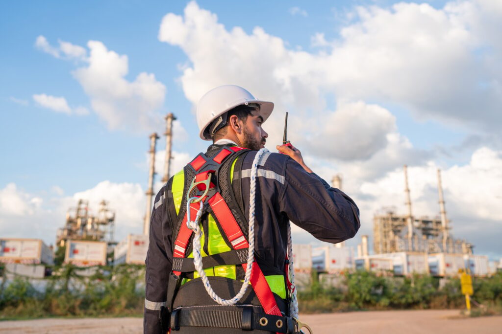 Mechanical engineer working and holding toolbox to checking and inspection gas pipeline.