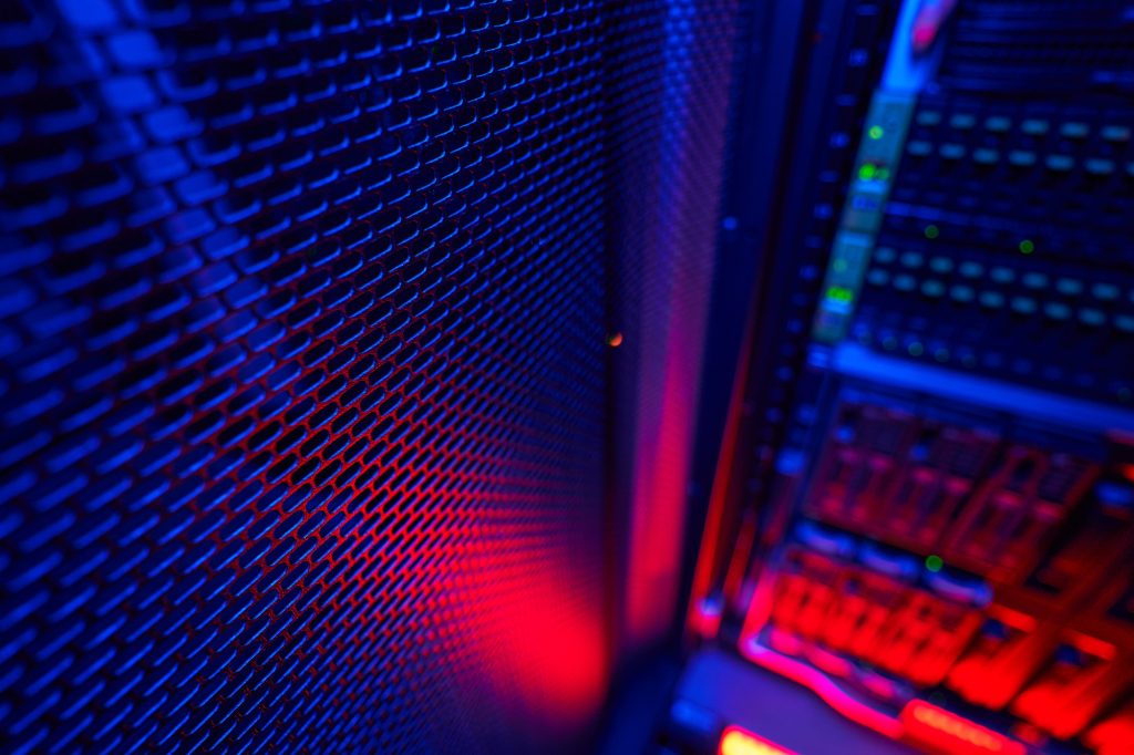 Picture of high tech telecommunications operational super computer in data center