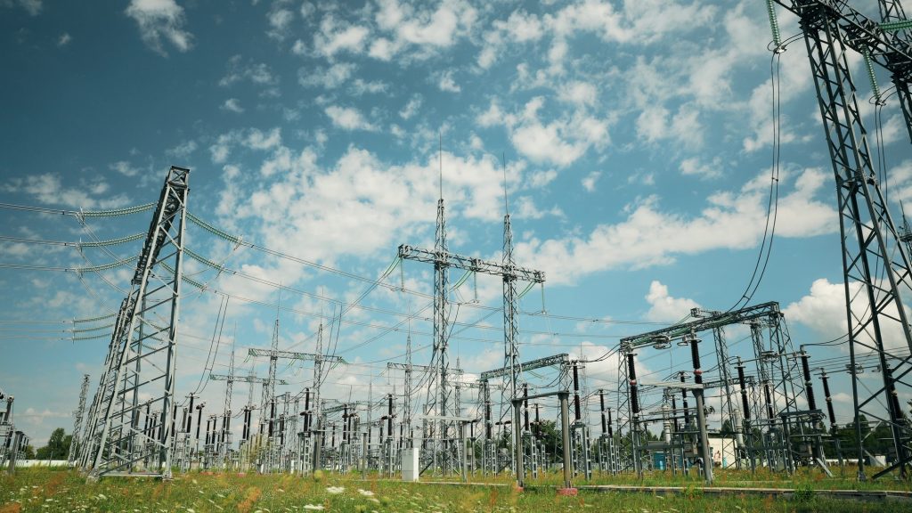 Power Grid Station. Electrical Distribution Station, Transformers, High-voltage Lines
